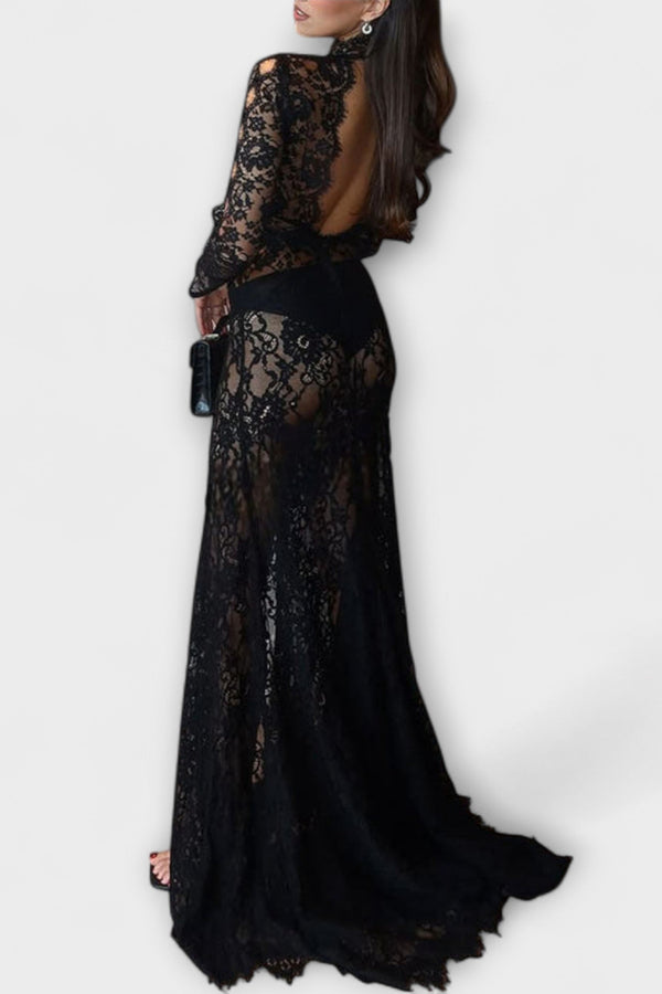 Azalea - Midnight Elegance Transparante Cutout Lange Mouw Stretch Maxi Jurk