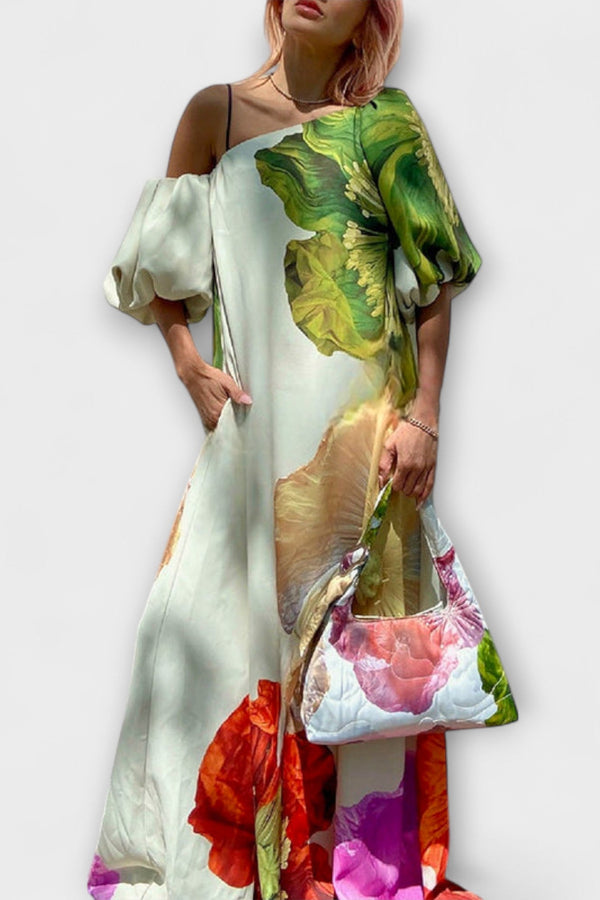 Skylar - Maxi Jurk met Bloemenprint, Asymmetrische Halslijn en Pofmouwen