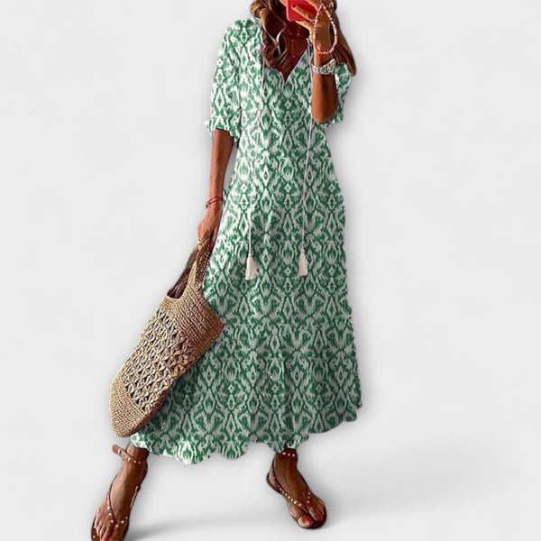 Andrea - Vintage Geïnspireerde Boho V-Hals Gedrukt Jurk