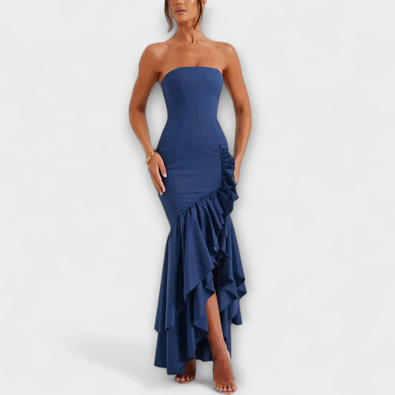 Zuri - Off-Shoulder Slim Fit Maxi Jurk met Asymmetrische Zoom