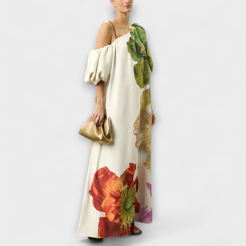 Skylar - Maxi Jurk met Bloemenprint, Asymmetrische Halslijn en Pofmouwen