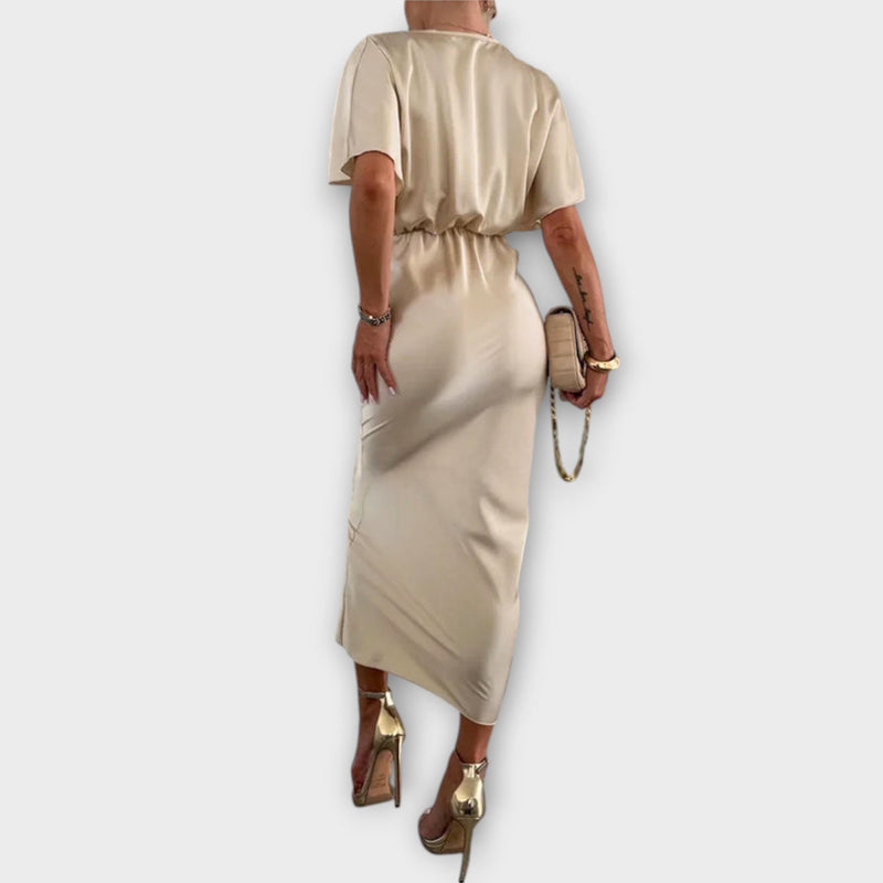 Sable - Effen Satijnen V-Hals Knoop Slim Fit Maxi Jurk
