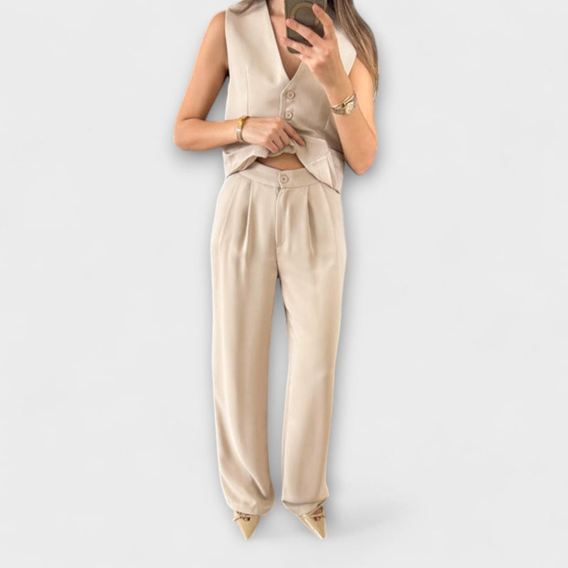 Hazel - Stijlvolle Effen Kleur V-Hals Vest en Broek Twee-delige Set