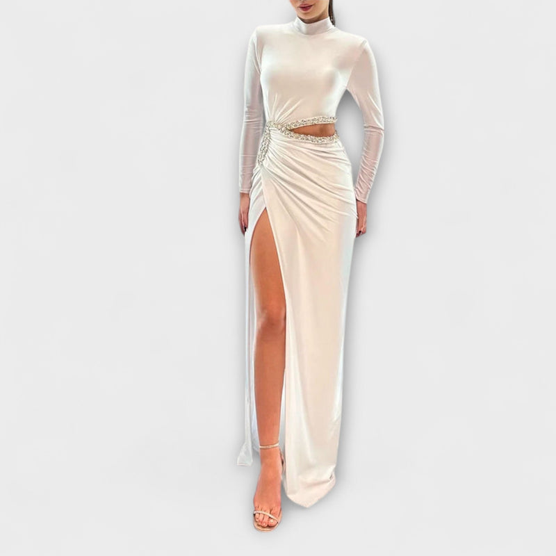 Selah - Witte Lange Mouwen Jurk met Taille Cut-out en Strass Accenten
