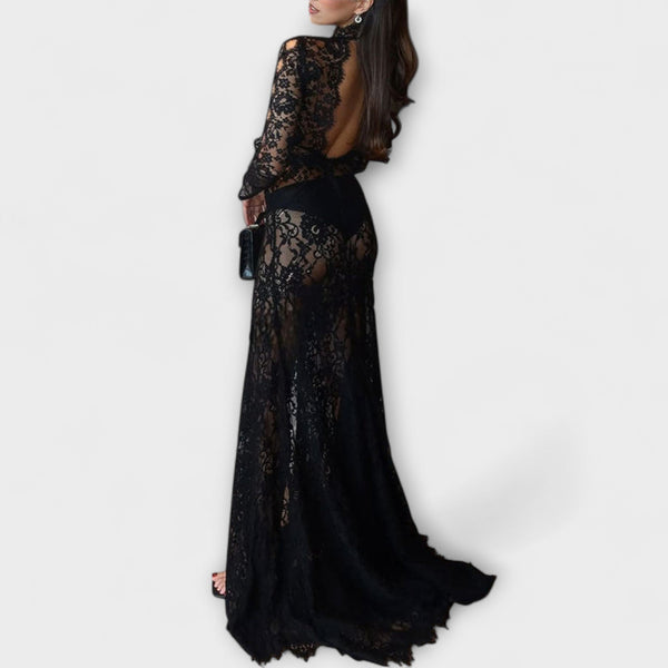 Azalea - Midnight Elegance Transparante Cutout Lange Mouw Stretch Maxi Jurk