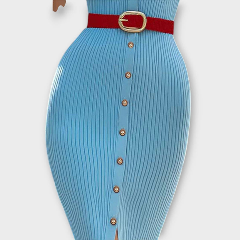 Sina - Stijlvolle Babyblauwe Geribbelde Tricot Pencildress