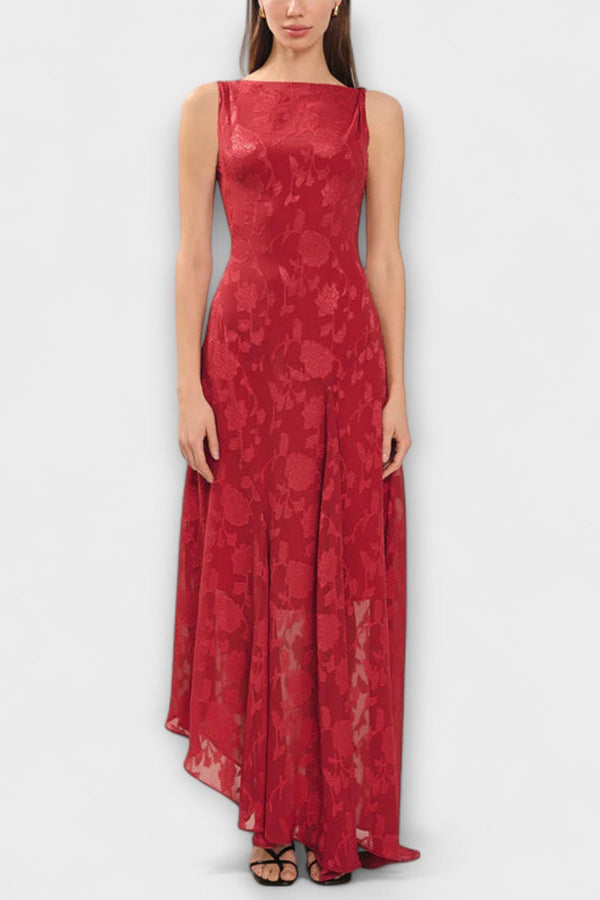 Opal - Elegante Rugloze Lace-Up Jacquard Maxi Jurk