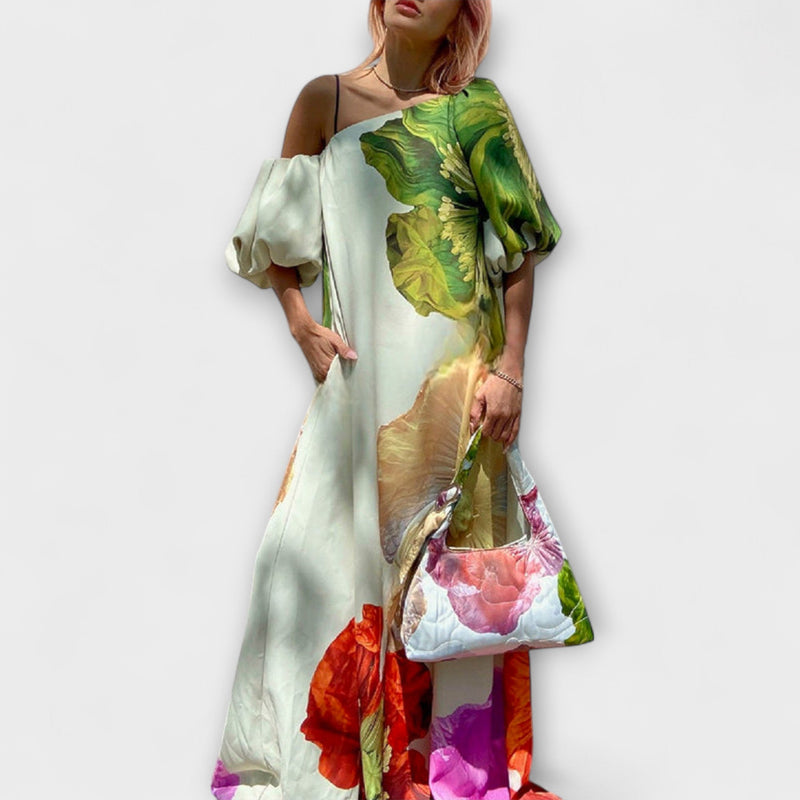 Skylar - Maxi Jurk met Bloemenprint, Asymmetrische Halslijn en Pofmouwen
