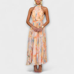Hals Open Rug Taille Waterverf Print Maxi Jurk