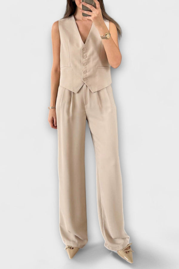 Hazel - Stijlvolle Effen Kleur V-Hals Vest en Broek Twee-delige Set