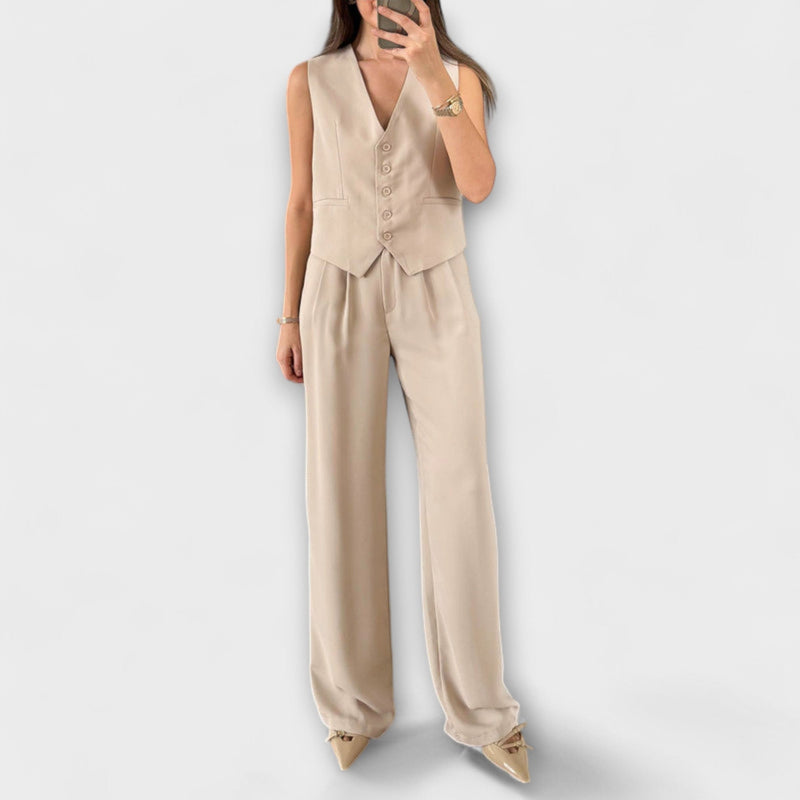 Hazel - Stijlvolle Effen Kleur V-Hals Vest en Broek Twee-delige Set