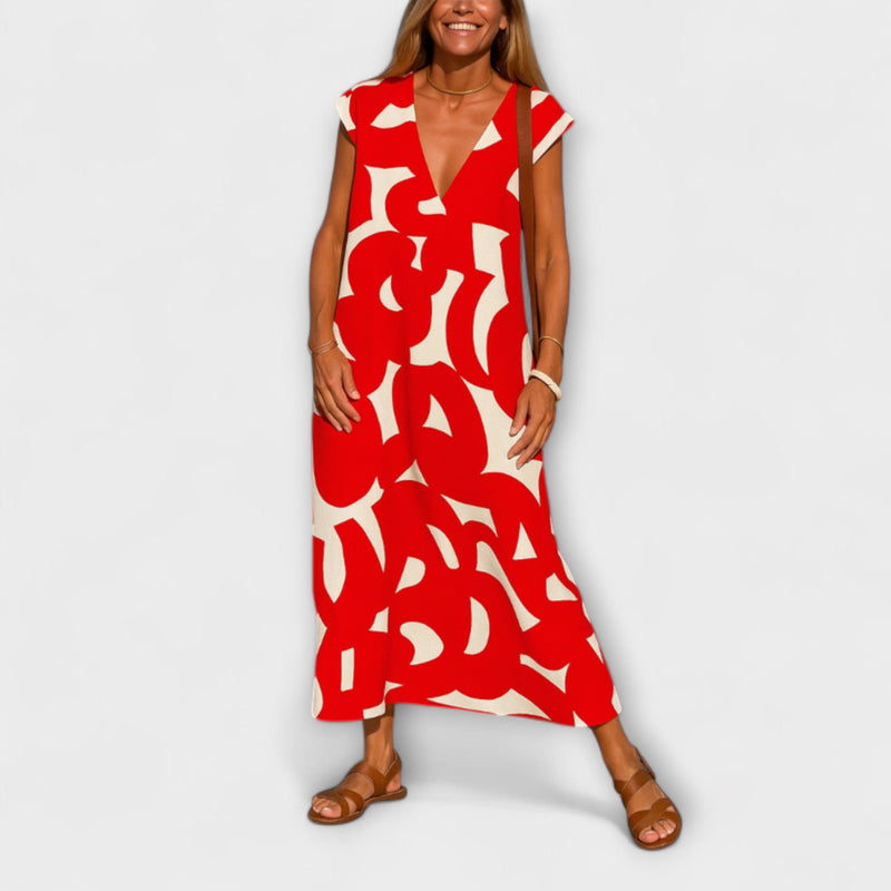 Tirzah - Elegante V-hals Jurk met Geometrische Print