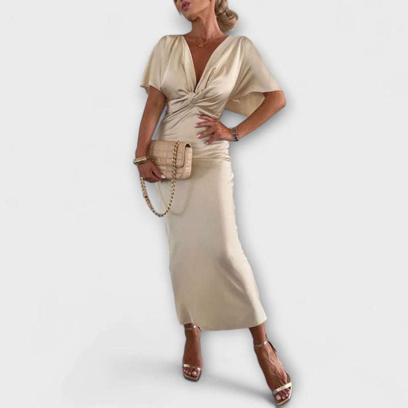 Sable - Effen Satijnen V-Hals Knoop Slim Fit Maxi Jurk
