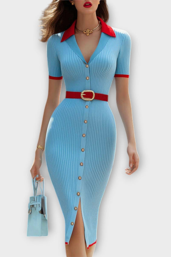 Sina - Stijlvolle Babyblauwe Geribbelde Tricot Pencildress