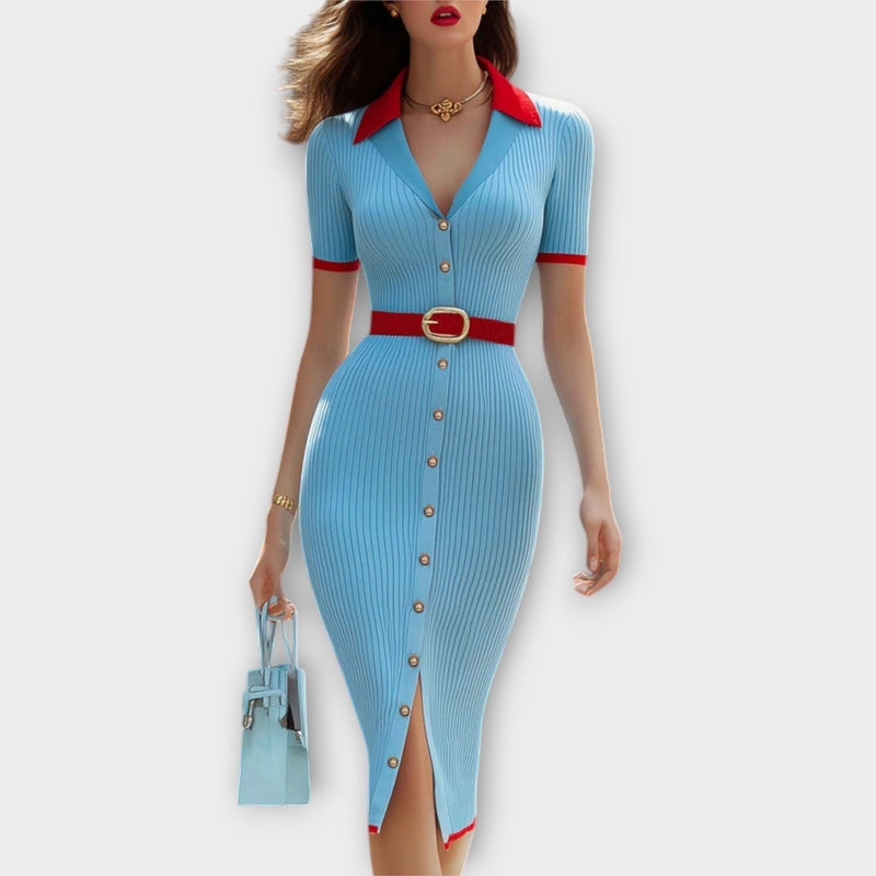 Sina - Stijlvolle Babyblauwe Geribbelde Tricot Pencildress