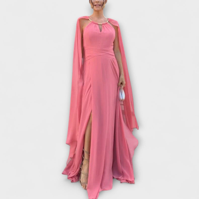 Mabel - Elegante Maxi-jurk met Cape Mouwen en Hoge Split
