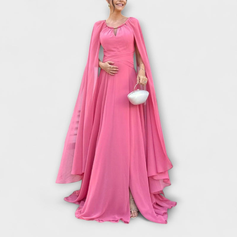 Mabel - Elegante Maxi-jurk met Cape Mouwen en Hoge Split