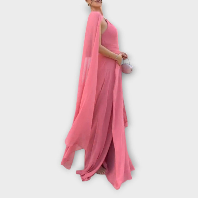 Mabel - Elegante Maxi-jurk met Cape Mouwen en Hoge Split