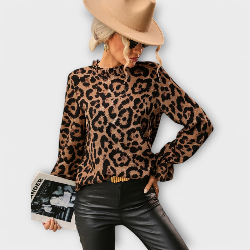 Kayla - Luipaard Blouse met Geplooide Kraag