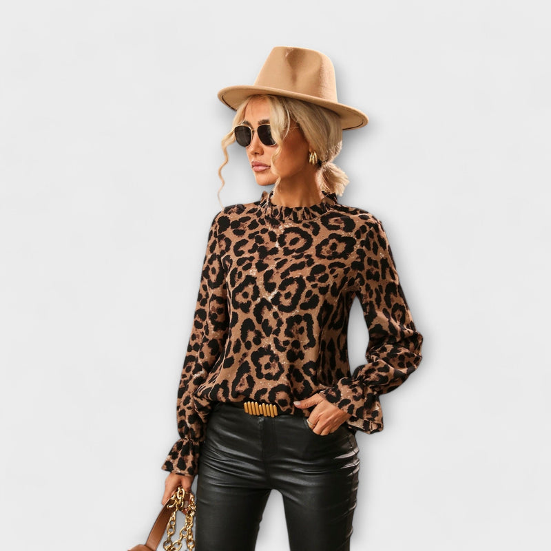 Kayla - Luipaard Blouse met Geplooide Kraag