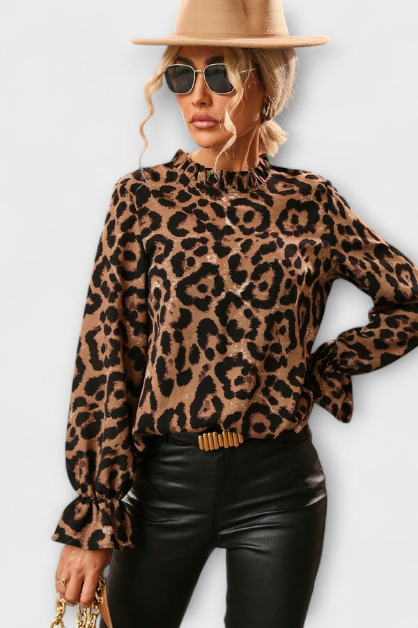 Kayla - Luipaard Blouse met Geplooide Kraag