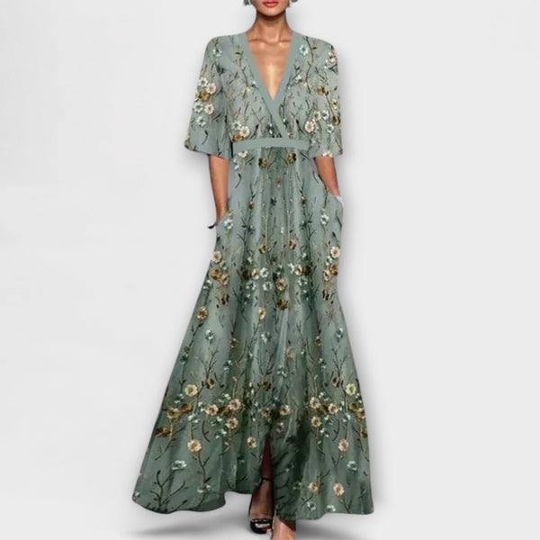 Ruby - Bloemen Maxi Jurk met Ceintuur en V-Hals