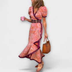 Elegante Roze Maxi Jurk met Korte Mouwen