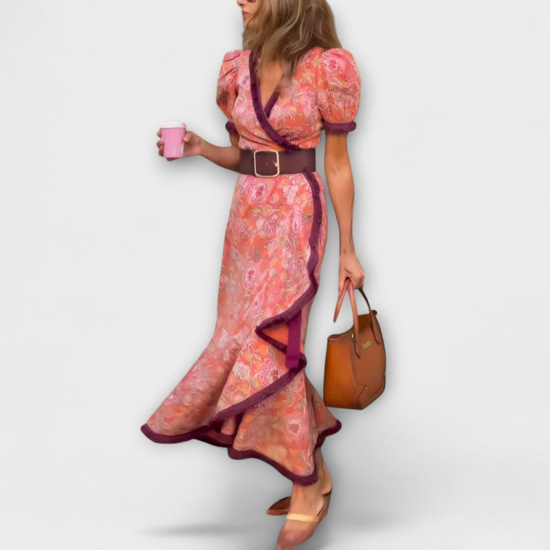 Elegante Roze Maxi Jurk met Korte Mouwen
