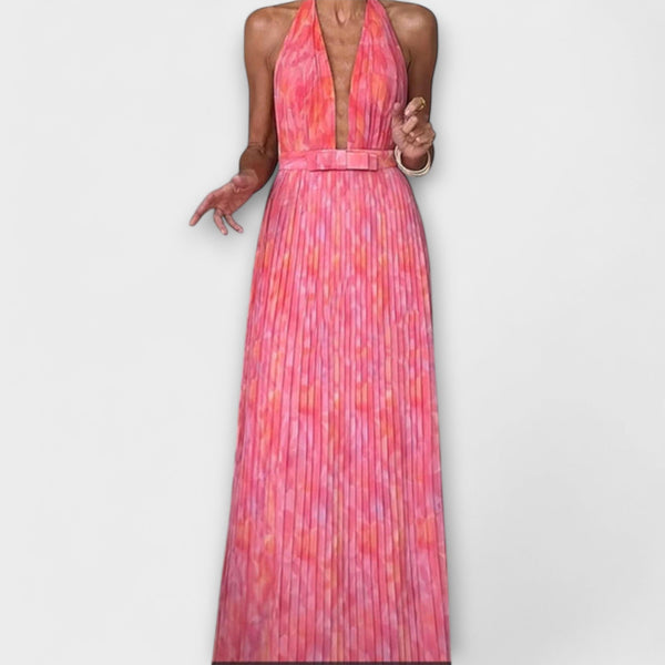 Seraphina - Chique Halter Nek V-Hals Plissé Maxi Jurk