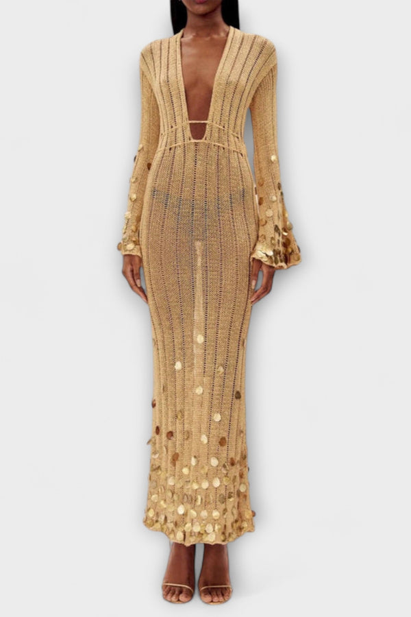 Kathleen - Gouden Gebreide Maxi Jurk van Dolly