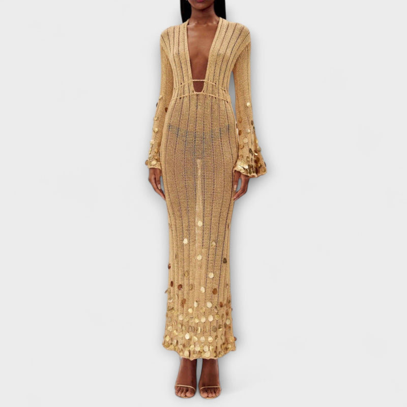 Kathleen - Gouden Gebreide Maxi Jurk van Dolly