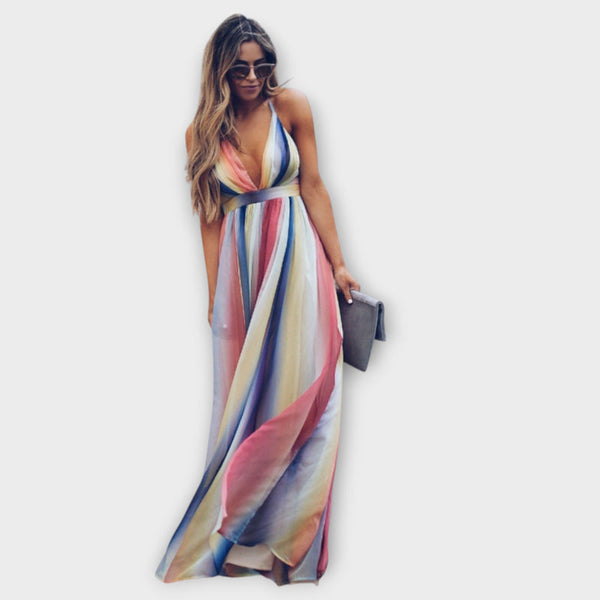 Clover - Bohemian-Inspirerende Lange Jurk met Regenboogprint