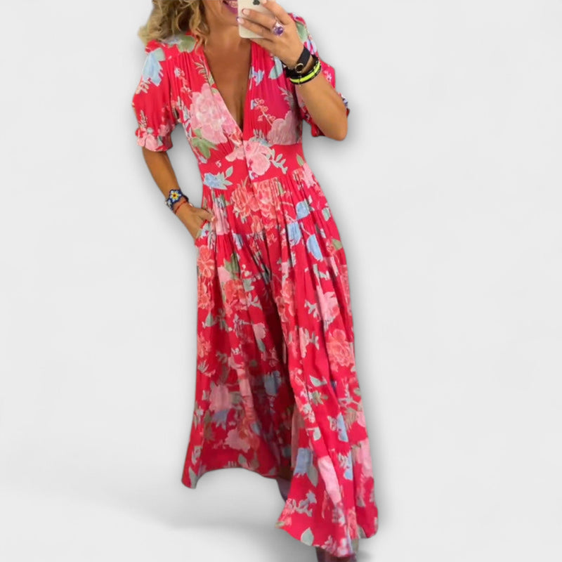 Reagan - Bloemen Maxi Jurk met V-Hals en Korte Mouwen
