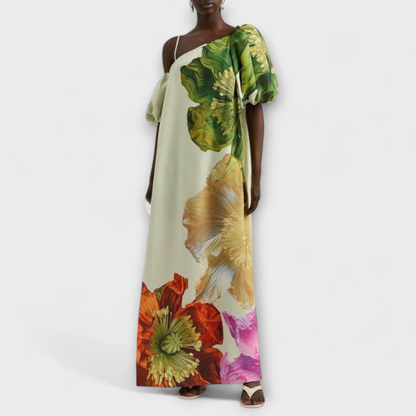 Skylar - Maxi Jurk met Bloemenprint, Asymmetrische Halslijn en Pofmouwen