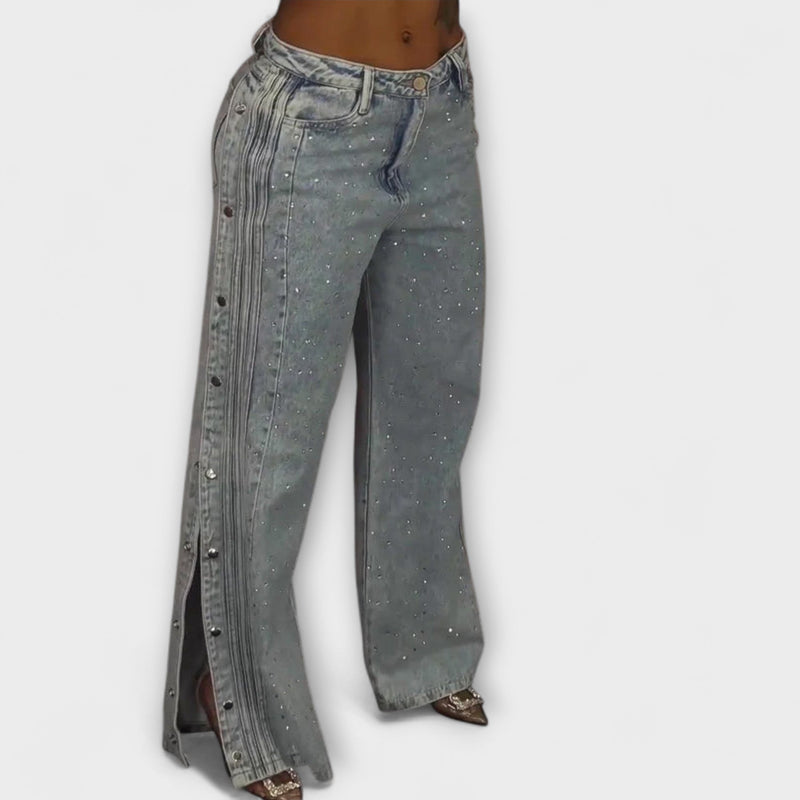 Nola - Hoge Taille Jeans met Strass Versieringen en Zijknopen