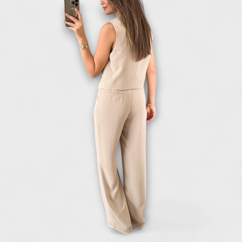 Hazel - Stijlvolle Effen Kleur V-Hals Vest en Broek Twee-delige Set