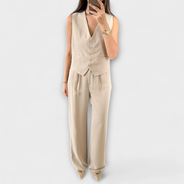 Hazel - Stijlvolle Effen Kleur V-Hals Vest en Broek Twee-delige Set
