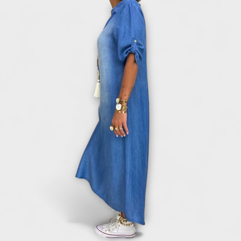 Lea - Lange Denim-Look Jurk met Zijsplit
