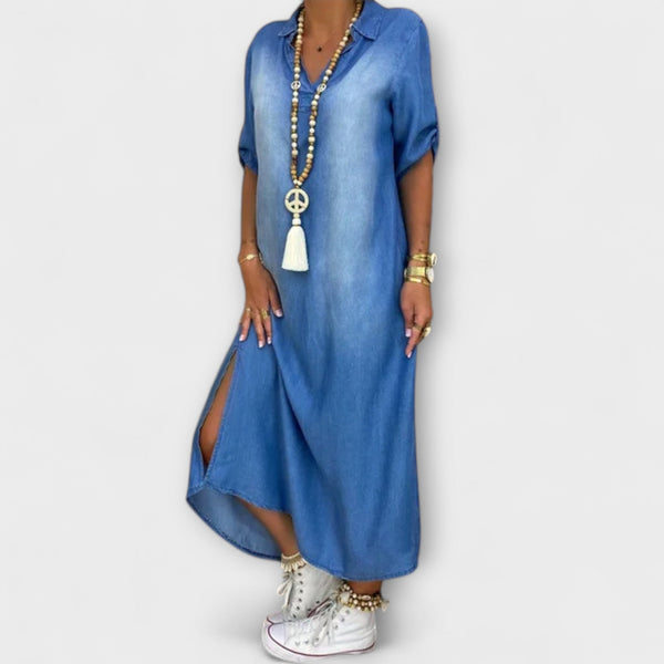 Lea - Lange Denim-Look Jurk met Zijsplit