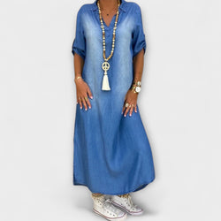 Lea - Lange Denim-Look Jurk met Zijsplit
