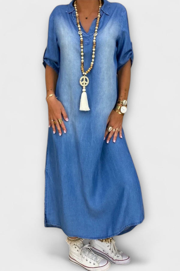 Lea - Lange Denim-Look Jurk met Zijsplit