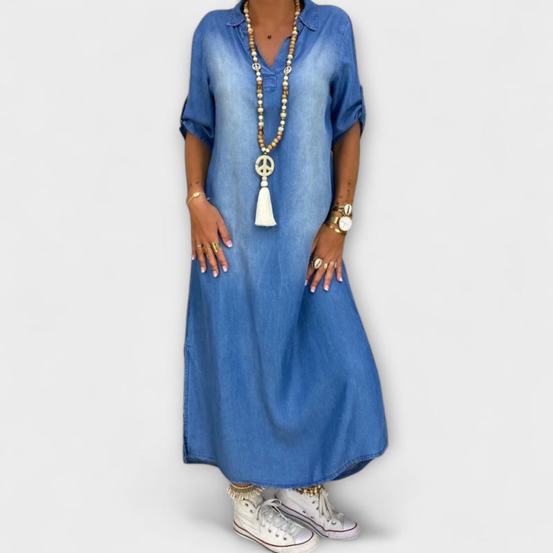 Lea - Lange Denim-Look Jurk met Zijsplit
