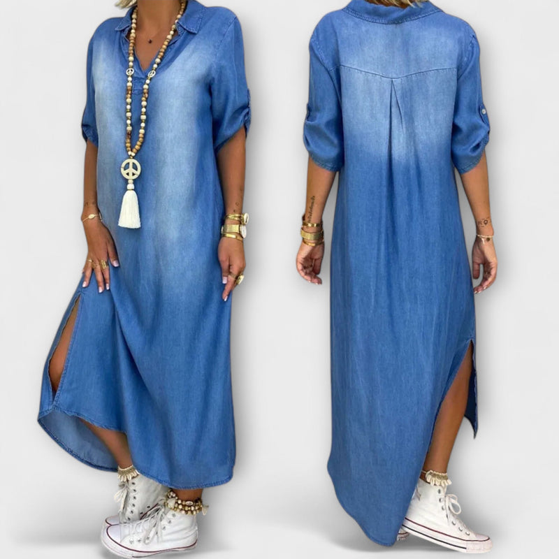 Lea - Lange Denim-Look Jurk met Zijsplit