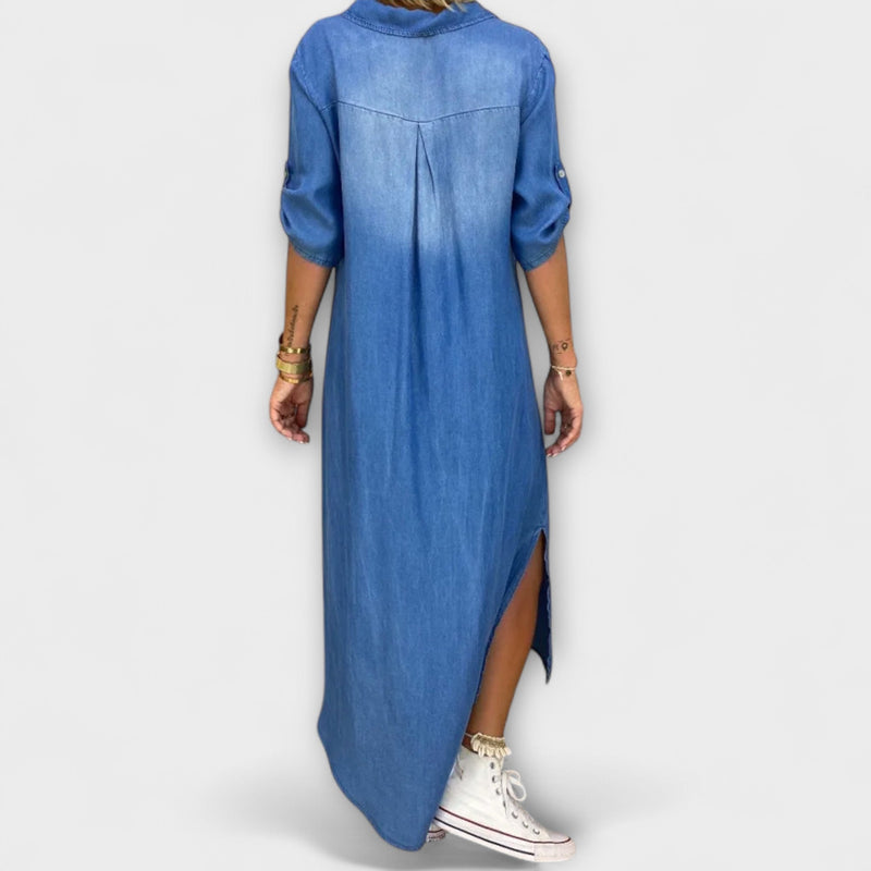 Lea - Lange Denim-Look Jurk met Zijsplit