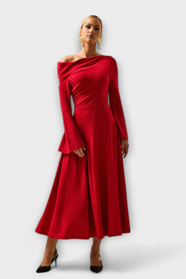 Willa - Off-Shoulder Midi Jurk met Gekruiste Ballonmouwen