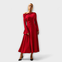 Willa - Off-Shoulder Midi-jurk met Geverfde Ballonmouwen