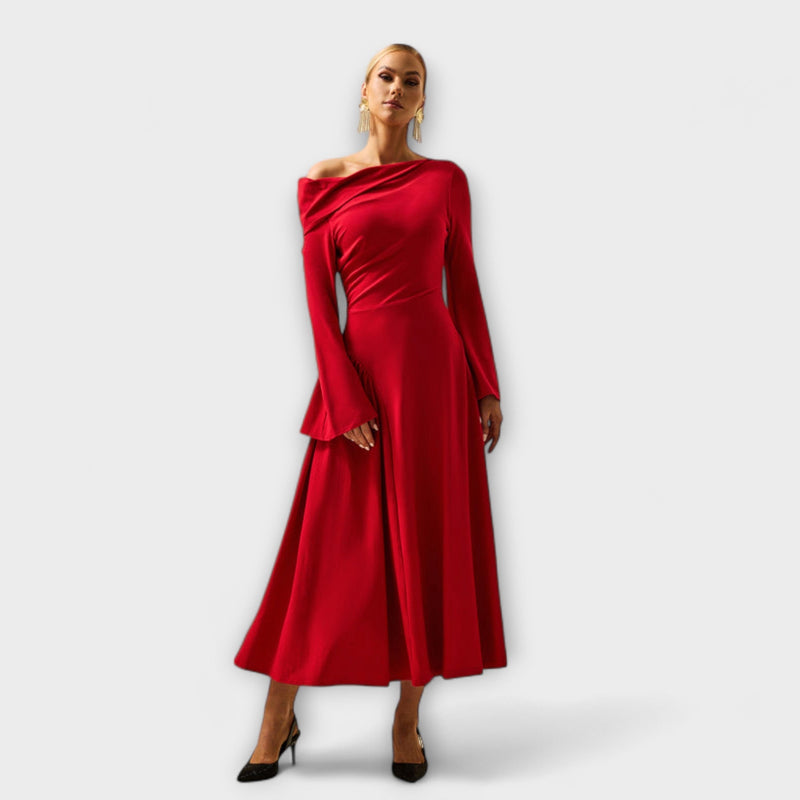 Willa - Off-Shoulder Midi-jurk met Geverfde Ballonmouwen