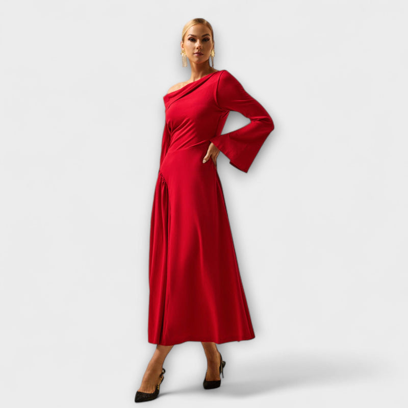 Willa - Off-Shoulder Midi-jurk met Geverfde Ballonmouwen