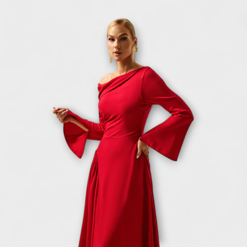 Willa - Off-Shoulder Midi-jurk met Geverfde Ballonmouwen
