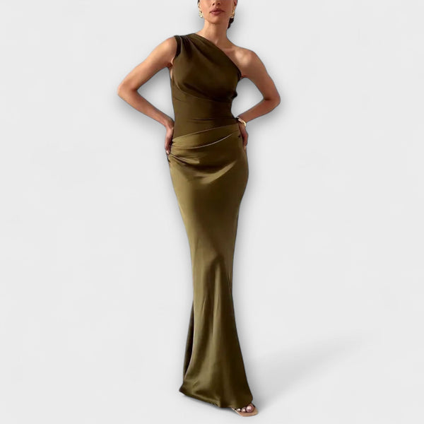 Elegante Eén-Schouder Plissé Maxi Jurk